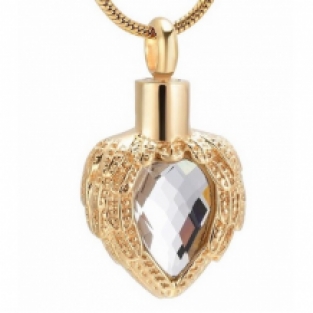 Gold Plated Hart Ashanger met Kristal en Angel Wings Graveren Personaliseren